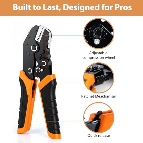 6-in-1 Crimping Tool Kit, Wire Crimping Tool with Quick-Change 6 Dies (40Cr), Ratcheting Wire Crimper Tool for Dupont, Ferrule, Open Barrel, Heat Shrink/Insulated, Non-Insulated & Solar, Case Included