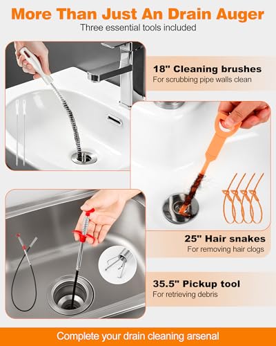 Drain Auger 33 ft, Auto Feed Plumbing Drain Snake Auger with Drill Adapter