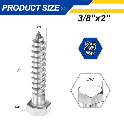 25 Pcs Hex Head Lag Screws 3/8"x2" SS 18-8 (304) Lag Bolts - color: Silver, size: 3/8"x2"