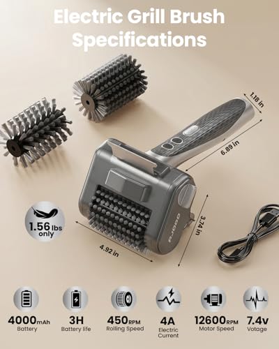 Cordless Electric Grill Brush with LED Light and Front Scraper - color: Silver