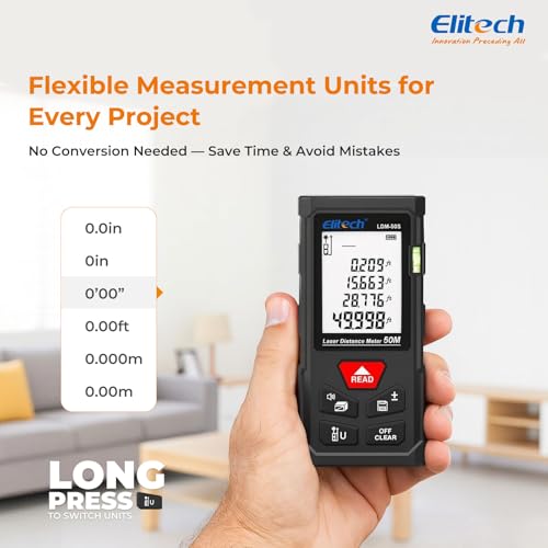 Elitech Laser Tape Measure, 165ft Laser Distance Meter with Bubble Level - style: Standard