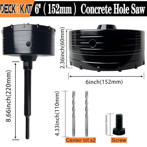 DECKRKAT 6" Concrete Hole Saw Kit,Electroplated Black Quenching Tech,Heavy-Duty Thickened Alloy Teeth,SDS Plus Shank & 2 Center Bits for Concrete,Brick,Stone. - size: (152mm)6"