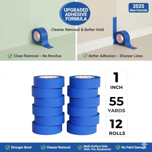 SWRT Blue Painters Tape 1 Inch x 55 Yards, 12 Rolls, Clean Removal