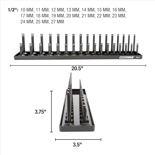 OEMTOOLS 22210 1/2" Metric Socket Organizer, 1/2 Socket Holder for Deep and Shallow Sockets, Labeled Posts, Dual Rail, Holds 10 mm to 27 mm - size: 1/2"
