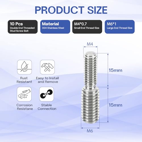 M4x15mm to M6x15mm Double End Threaded Stud Screw Reducing Bolt,304 Stainless Steel Thread Reducer Adapter for Furniture Fastener Welding, Hardware Connectors 10 Pack - size: M4x15mm to M6x15mm