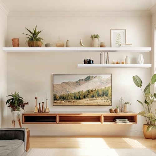 Amada 47 Inch Floating Shelves with Invisible Brackets, Set of 2, White | Wall Shelves with Hidden Bracket, Solid MDF Wood, 22 lbs Max Load per Shelf, Easy to Assemble, Multi-Wall Compatible - color: White, size: 47 inches
