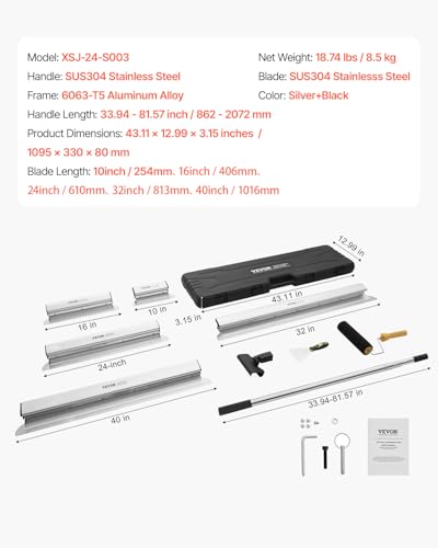 VEVOR Drywall Skimming Blade Set (10/16/24/32/40 inch) with 34-81.6 inch Extension Handle, Professional Stainless Steel Knife for Gyprock, WallBoard, and Plasterboard Skim Coating - size: 10"+16"+24"+32"+40", style: With Extension Handle
