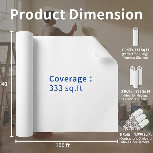40"x100' Temporary Floor Protection, Self-Adhesive Floor Covering, 333 sqft - size: 40" x 100'
