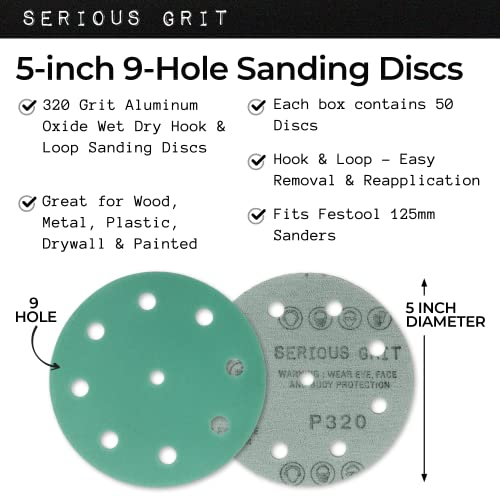 Serious Grit - 5-Inch 9-Hole P320 Grit Sanding Discs - 50 Pack Box - size: 320 Grit
