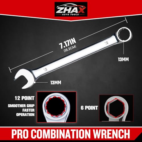zhax 13mm Metric Combination Wrench, 12 Point Box End, 15 Degree Offset Design, Mirror Polish Finish, Forged CR V Steel, Hand Tools for Mechanics, Ideal for Auto and Home Repair - size: 13mm