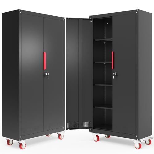 Metal Storage Cabinet with Wheels,71"H Garage Cabinets with 4 Adjustable Shelves + Lockable Door,Heavy-Duty Garage Cabinet and Storage System for Garage,Home Workshop & Office(200 lbs per shelf)