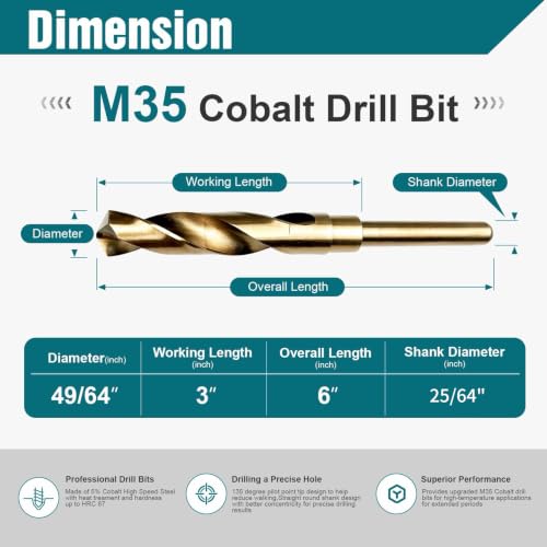 49/64 Inch Cobalt Drill Bit, M35 HSS Twist Drill Bit, 135° Split Point - size: 49/64 Inch