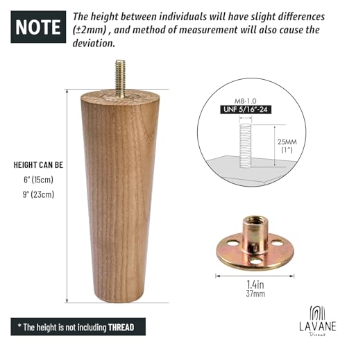 La Vane 6 inch Ash Wood Tapered Furniture Legs 4-Pack with 5/16" Thread | Walnut Ash Wood with Straight Grain, 400lb Load Capacity, Hardware inclu., Mid-Century Modern, Upgrade for Sofa Cabinet - color: Tapered-walnut, size: 6"