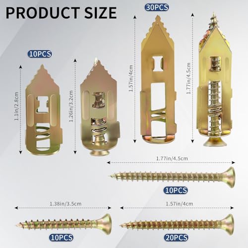 80Pack Self Drilling Drywall Anchors with Screws, 3 Sizes Suitable for Tv, Cabinets, Shelves, Shelf Straps, Bicycles, Curtains, No Need to Drill Holes in The Wall(40 Metal Anchors and 40 Zinc Screw) - color: 80Pack 1.1inch + 1.57inch