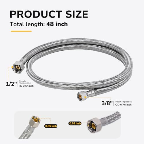 48" Faucet Supply Line, 3/8 inch Comp x 1/2 inch FIP Faucet Connector, Braided Stainless Steel Faucet Hose for Bathroom Sink and Kitchen, Leak-Resistant cUPC Certified Water Supply Line, 2 Pack - size: 48inch