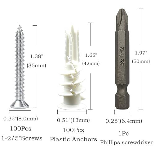 200Pcs Drywall Anchors and Screws Kit, 100Pcs Self-Drilling Plastic Wall Anchors with 100Pcs #8 Phillips Screws & PH2 Bit, Heavy Duty Anchors for Hanging Pictures, Shelves, Home Mounting - size: 1.38 Inch