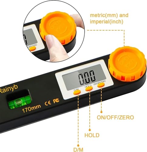 Rainyb Digital Angle Finder Tool, 5 inch Pocket Protractor, 0-360 Degree, LED Display with Horizontal Bubble Levels and Ruler Meter Accurate Tool for Woodworkers, Carpenters, Fabricators