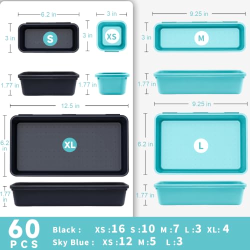 Tool Box Organizer Tray, 60 PCS & 5 Sizes, Black and Sky Blue - color: Black & Sky Blue: 60 PCS