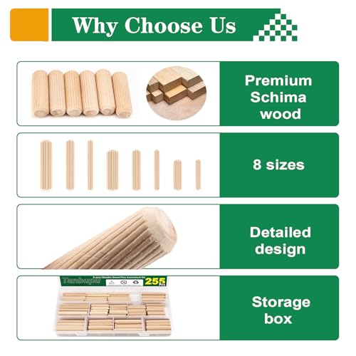 255Pcs 8 Values Wood Dowels Kit 1/4" 5/16" 3/8", Wooden Dowel Pins, Fluted Wood Dowels Rods for Crafts, Furniture, DIY Manual - size: 8 sizes-255pcs