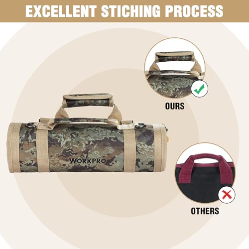 WORKPRO Camo Roll Up Tool Bag, 6-Pocket Organizer with Detachable Pouches - color: Camo