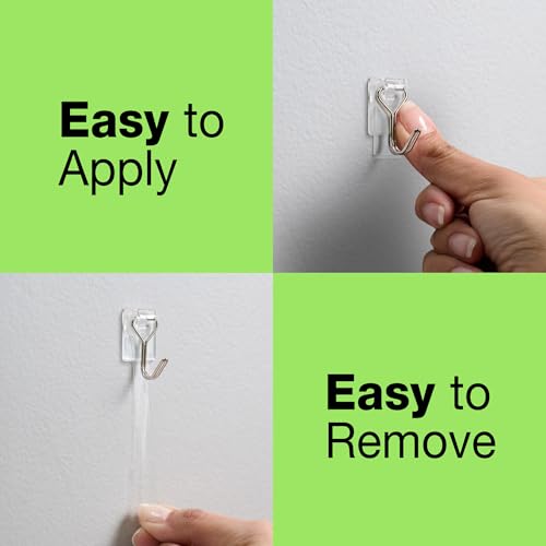 FrogTape reMOVEables Small Wire Hooks - 54 Clear Hooks & 72 Adhesive Strips - Holds up to 0.5 lb - Damage Free Adhesive Hook - Removable & Reusable Wall Hooks for Hanging - No Nails (Pack of 54) - color: Clear, size: Pack of 54, style: Small
