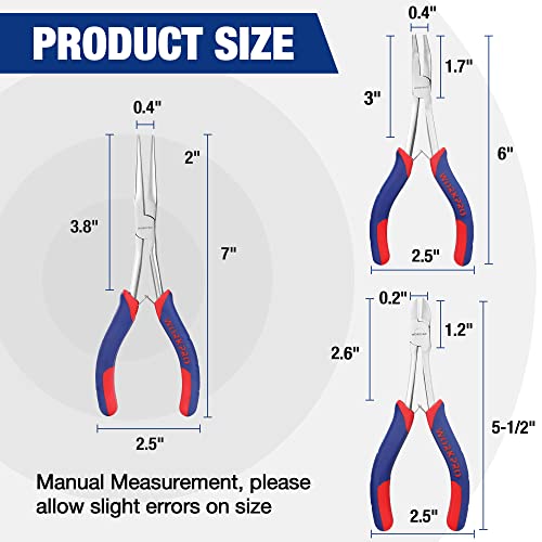 WORKPRO 3PCs Mini Pliers Set, Needle/Bent/Diagonal, 7"/6"/5.5"