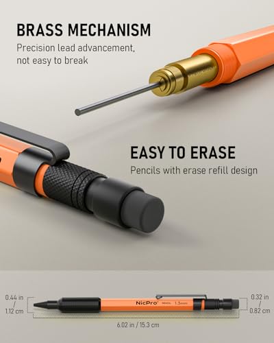 Nicpro 3 PCS 1.3 mm Mechanical Pencils Set with 66 Lead Refill, 3 Eraser - style: 3 Pack (Orange)