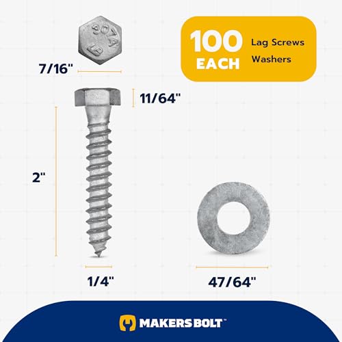 1/4 x 2 (100 Pack) Lag Screw Kit, 100 Screws and 100 washers, Hot Dip Galvanized, Meets ASME B18.2.1 Industrial/Commercial Grade by Makers Bolt - size: 1/4 x 2