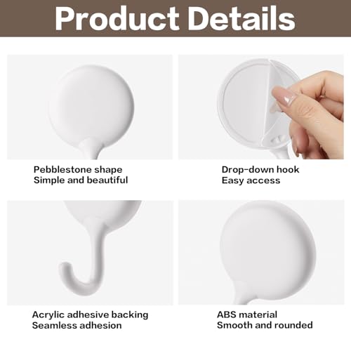 4Pcs Self Adhesive Hooks, No Drill Wall Hooks for Hanging Towel Coat Keys - Damage Free Removable Sticky Hooks for Bathroom Kitchen Office Home Organization, White