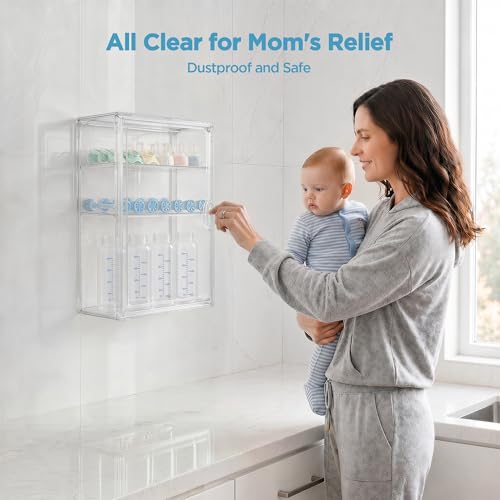 HBlife Baby Bottle Storage Organizer for Wall Countertop Cabinet, 3 Tiers Adjustable Clear Acrylic Bottles Storage Station Case Box Container with 2 Removable Dividers and Magnetic Door, Small - size: Small, style: 3-Tier Single Door