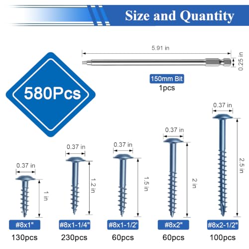 smseace 580Pcs Pocket Hole Screws Assortment Kit #8 x 1, 1-1/4", 1-1/2", 2", 2-1/2" Blue Coated Square Drive Pocket Screws with 150mm Drive Bit Wood Screw Set - color: Blue