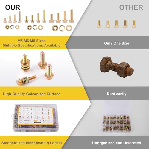 476pcs Class 8.8 Metric Flange Bolts Assortment Kit, M5, M6, M8, Metric Bolts and Nuts Assortment, Hex Bolt and Nut Washers Kit, Yellow Zinc Plated - size: M5, M6, M8-476pcs