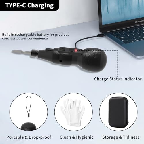 Mini Electric Screwdriver Set,Hillyfe 2500mAh Electric Screwdriver Cordless with LED Light, 13 Magnetic Bits, Extension Rod, Gloves, Storage Case,for Furniture/Electrical Repairs,Black