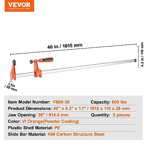 VEVOR Bar Clamps for Woodworking, 2-Pack 36" Clamp, Quick-Change F Clamp with 600 lbs Load Limit, 2.5" Throat Depth, Cast Iron and Carbon Steel, Wood Clamps for Woodworking Metal Working - size: 36"(2 Pack), style: Medium-Duty