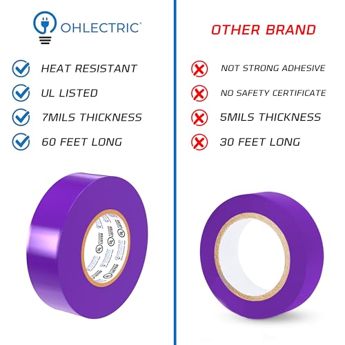 OHLECTRIC Professional Grade Vinyl Electrical Tape (10 Pack) Purple - 7 Mil Thick Flame-Retardant, Heat & Weather Resistant 3/4 Inch x 60 Feet | Ideal for Contractors & Electricians - size: 10 Roll, style: Purple
