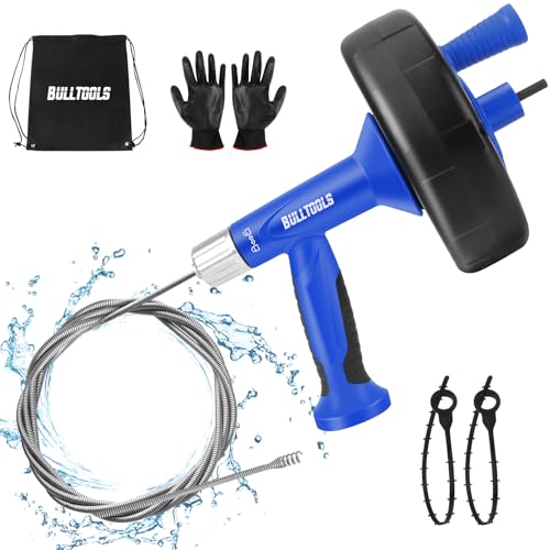 BULLTOOLS Drain Snake, 25FT Drain Auger with Drill Adapter, Flexible Snake Drain Hair Removal Tool for Kitchen Sink, Bathtub, and Shower Comes with Gloves and Storage Bag