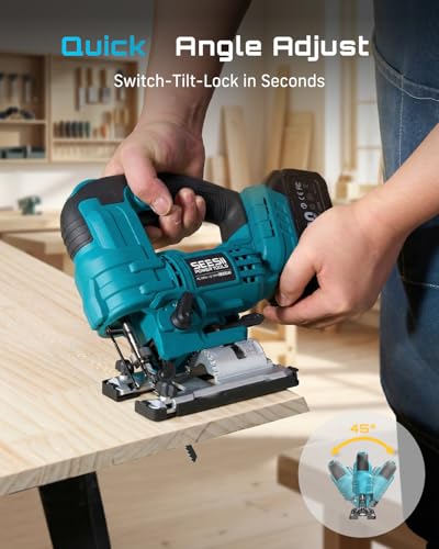 SEESII Brushless Jig Saw, Cordless Jigsaw Tool 2×4.0Ah Batteries - color: Light Blue