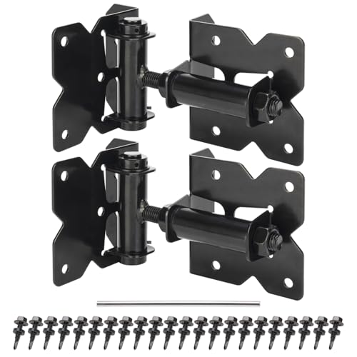 Self Closing Gate Hinges Heavy Duty for Vinyl/Wooden Fence Gates, 90 Degree Adjustable Gate Door Hinges Hardware Kit with Swing Adjuster Tool and Self-Tapping Screws, 2 Pack, Non-Weld Black Finish