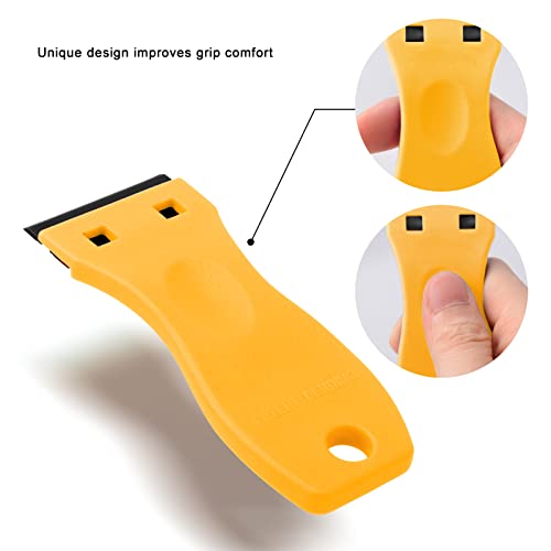 FOSHIO 2PCS Plastic Razor Blade Scraper Tool and 100PCS Plastic Blades for Gasket Remover, Sticker Remover, Labels Decal and Adhesive Remover for Windows and Glass (Yellow) - color: Yellow/Black