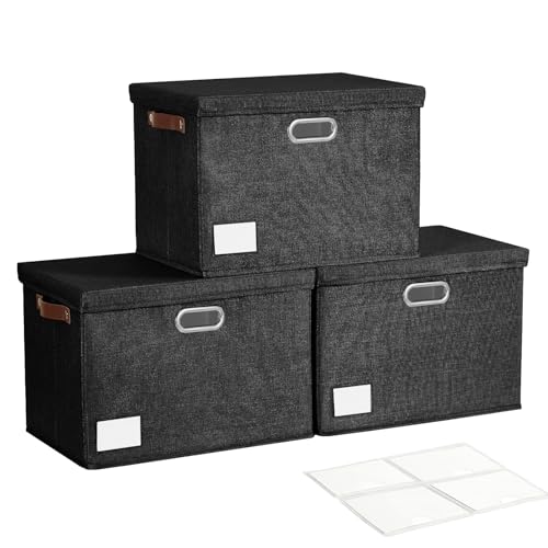 Roobyl 17" Large Fabric Storage Box with Lids, 3-Pack, Black - color: Black, size: Large-17"