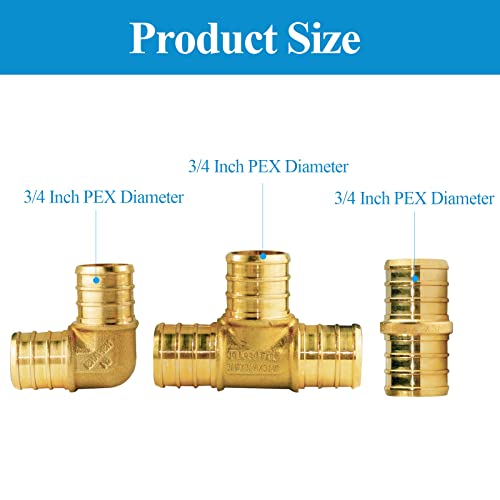 WiseWater 36 Pcs Pex Fittings, 3/4 inch T PEX Tee(12PCS) & 90 Degree Elbow & Straight Coupling, Brass Barb Crimp Pipe Fitting for Pex Pipe(Pack of 36), UPC Certified - size: ZH61902(3/4" PEX FITTINGS 36pk)