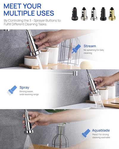 J-HVA Pull Down Kitchen Faucet Sprayer Head Replacement Part, Chrome | 3 Function with 15 Connectors Pull Out Sink Sprayer Replacement Nozzle, Kitchen Faucet Head Hose Spray Tap Spout - color: Chrome