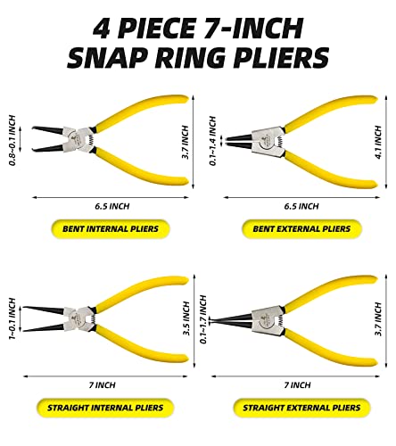 7-Inch Snap Ring Pliers Set Heavy Duty Internal/External Circlip Pliers Kit with Straight/Bent Jaw CR-V Steel for Ring Remover Retaining C Clip Pliers with Storage Bag 4-piece