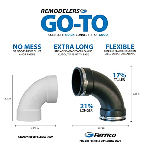 Fernco 2" Flexible PVC 90-Degree Elbow Includes Optional 1.5" Reducer Bushing for DWV Cast Iron, Steel and Plastic Pipe Connections