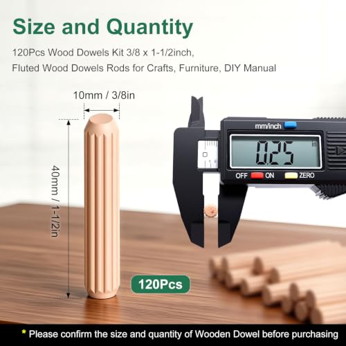 120Pcs Wood Dowels Kit 3/8 x 1-1/2 inch, Wooden Dowel Pins, Fluted Wood Dowels Rods for Crafts, Furniture, DIY Manual - size: 3/8" x 1-1/2"-120pcs
