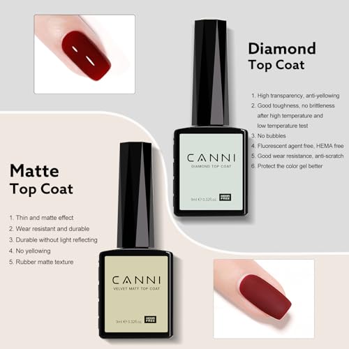 CANNI 2 Pcs No Wipe Matte Top Coat and Glossy Gel Top Coat Set- High Shiny Long Lasting Clear Gel Nail Polish Kit, Nail Art Home and Professional Manicure - color: Matte & Top