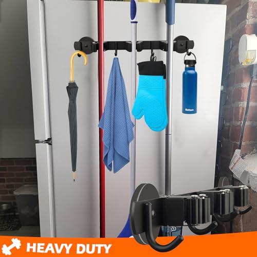 MUTUACTOR Magnetic Broom Holder,Anti-slip Heavy Duty Broom and Mop Hanger Metal Tool Holder 3 Racks and 4 Hooks for Laundry Garage Kitchen Factories Workshops Organization and Storage(1 Set) - style: Heavy Duty,New Black,3 Hooks 4 Slots