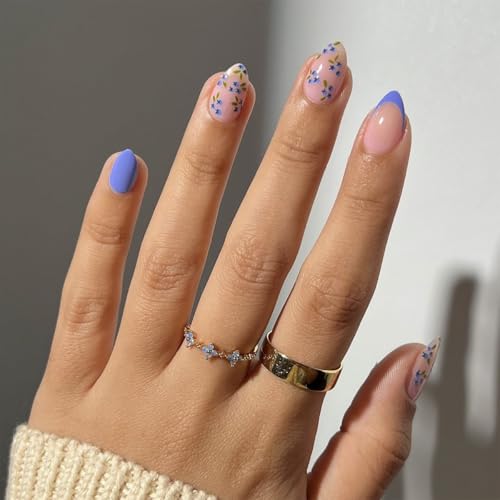 Summer Fall Press On Nails Short Almond, Nude and Blue Fake Nails Featuring Blue Floral Accents, Glossy Finish Acrylic Nails, Thick Reusable Glue On Nails for Women, 24Pcs - color: 41-Blue Petal