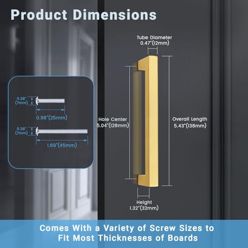 KNOBWELL 6Pack 5 Inch Brushed Gold Cabinet Pulls Stainless Steel Kitchen Cabinet Handles Square Drawer Pulls Modern Cabinet Hardware Handles，128mm Hole Centers - color: Brushed Gold, size: Hole Center:5 inch(128mm)