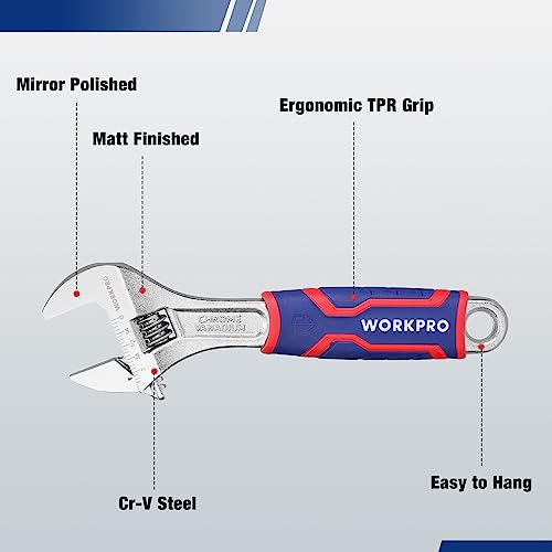 WORKPRO 3-Piece Adjustable Wrench Set, 6-inch, 8-inch, 10-inch | Cr-V Wide Jaw Wrench, Rubber Anti-Slip Grip, Metric/SAE Scales, Chrome Plated - size: 6, 8, 10 inch set